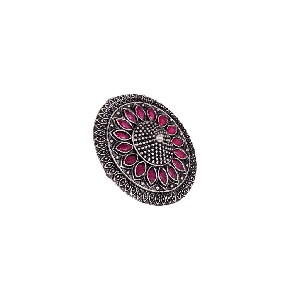 Oxidised Silver Plated Pink Stone Studded Finger Ring : SJRG1535