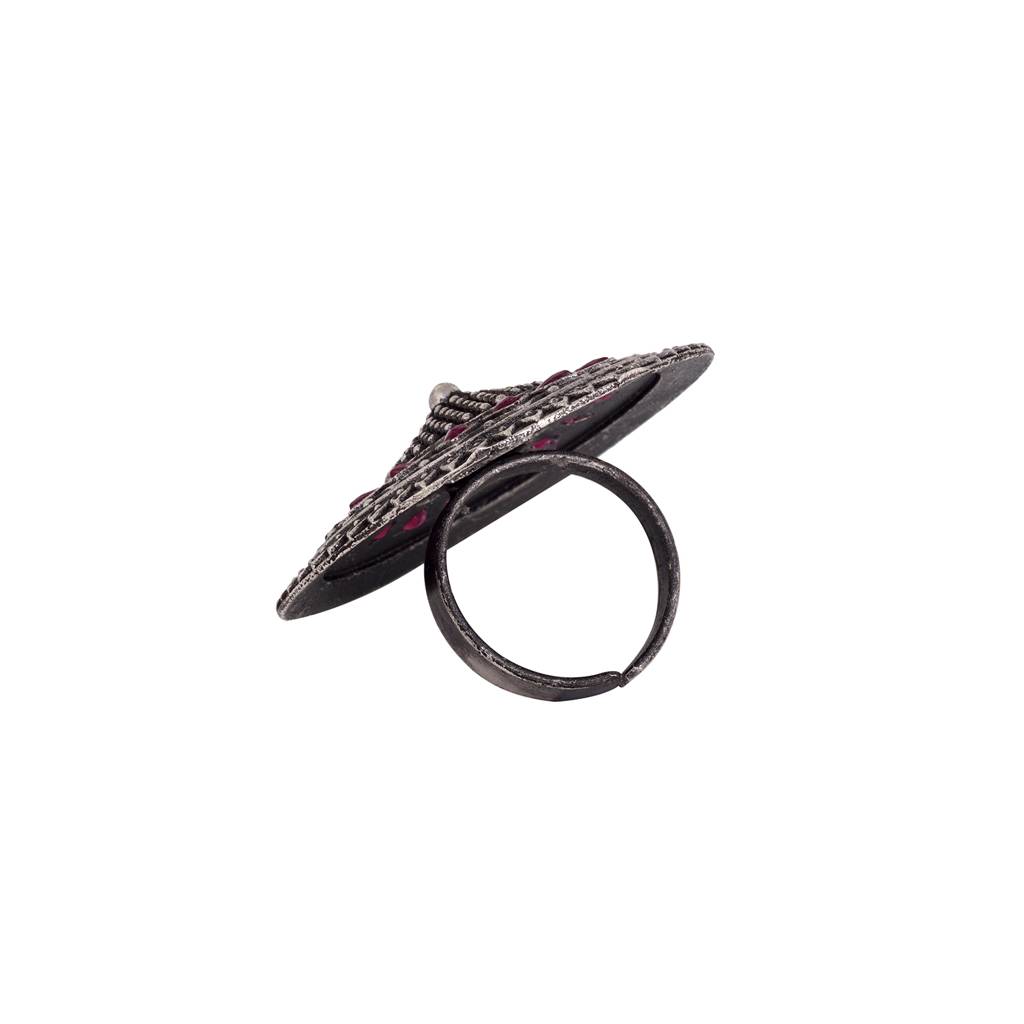 Oxidised Silver Plated Pink Stone Studded Finger Ring : SJRG1535