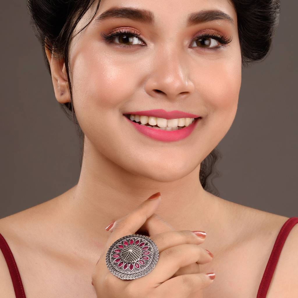 Oxidised Silver Plated Pink Stone Studded Finger Ring : SJRG1535
