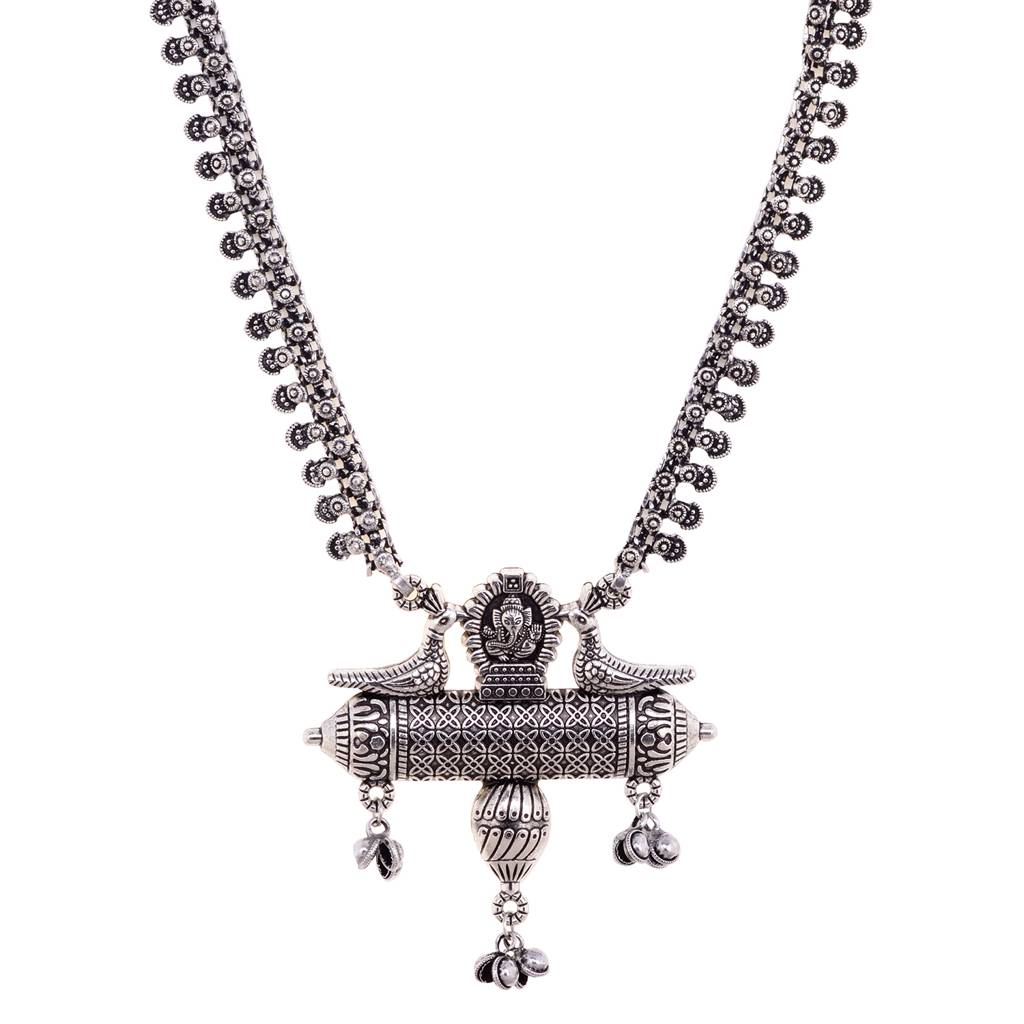 Oxidised Siver Toned Peacock Design Tribal Necklace : SJNK1538