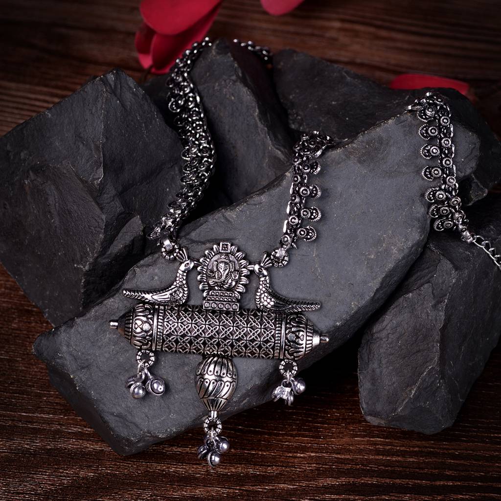 Oxidised Siver Toned Peacock Design Tribal Necklace : SJNK1538
