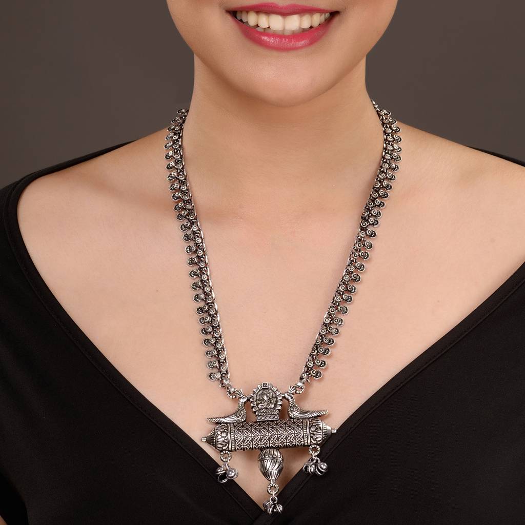 Oxidised Siver Toned Peacock Design Tribal Necklace : SJNK1538
