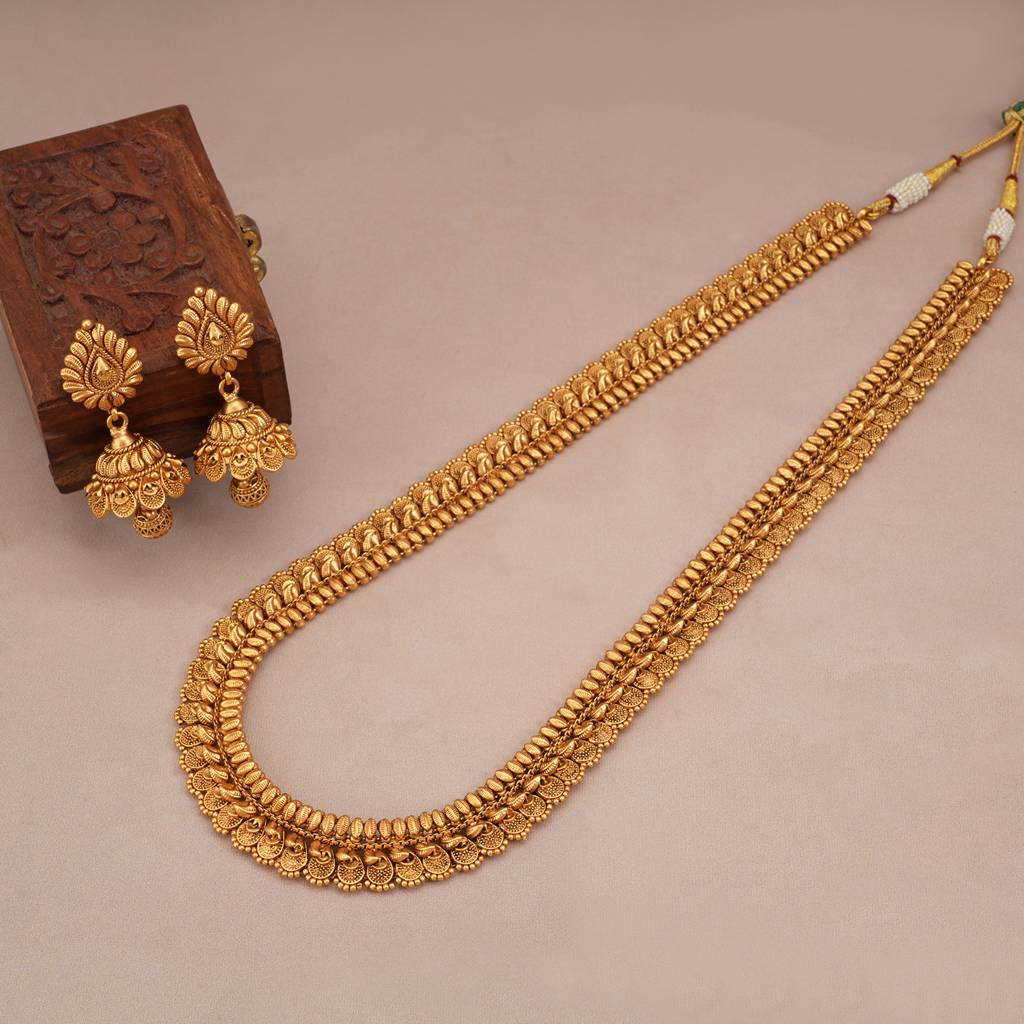 Long Stunning Plain Antique Gold Haram Necklace Set With Jhumka : SJ238