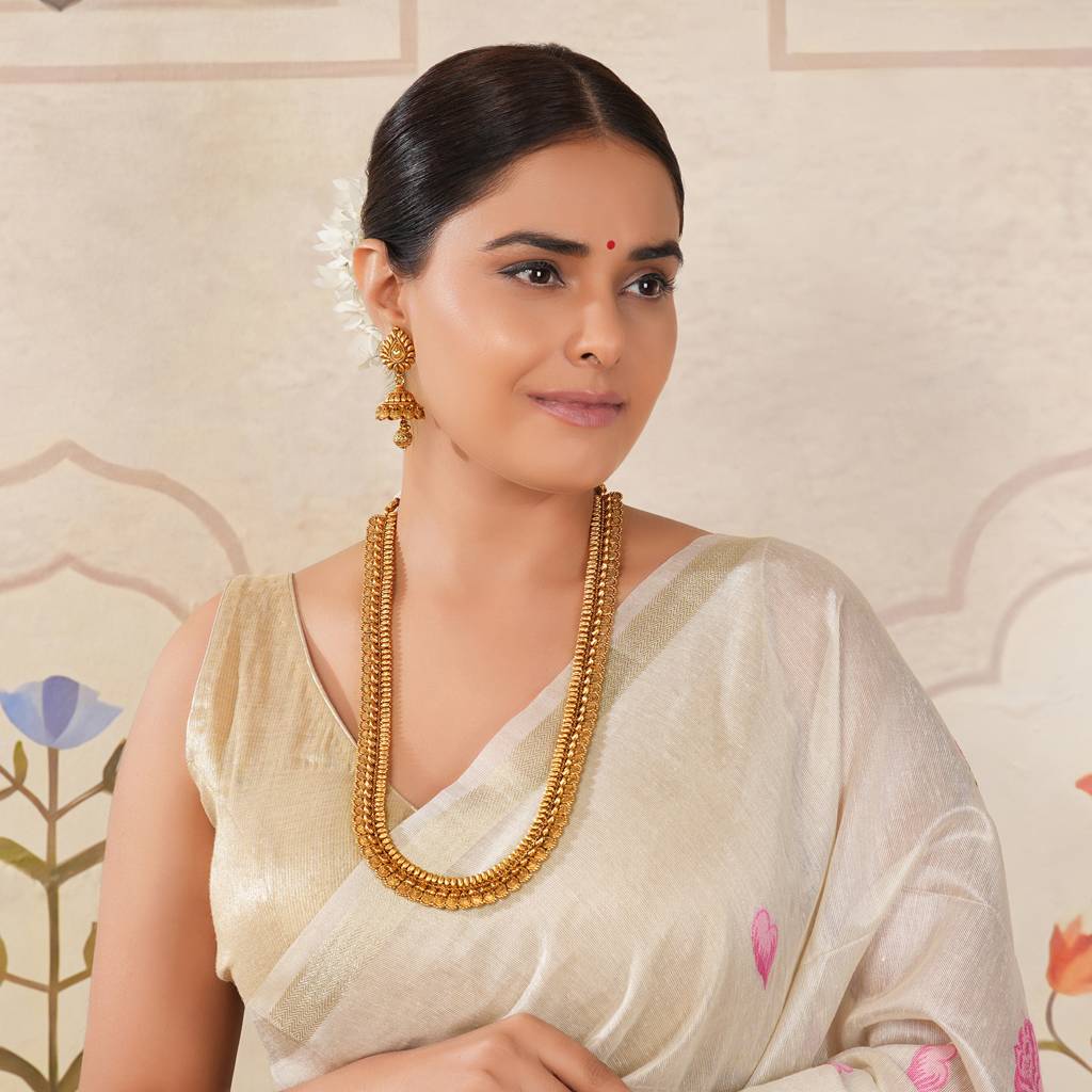 Long Stunning Plain Antique Gold Haram Necklace Set With Jhumka : SJ238