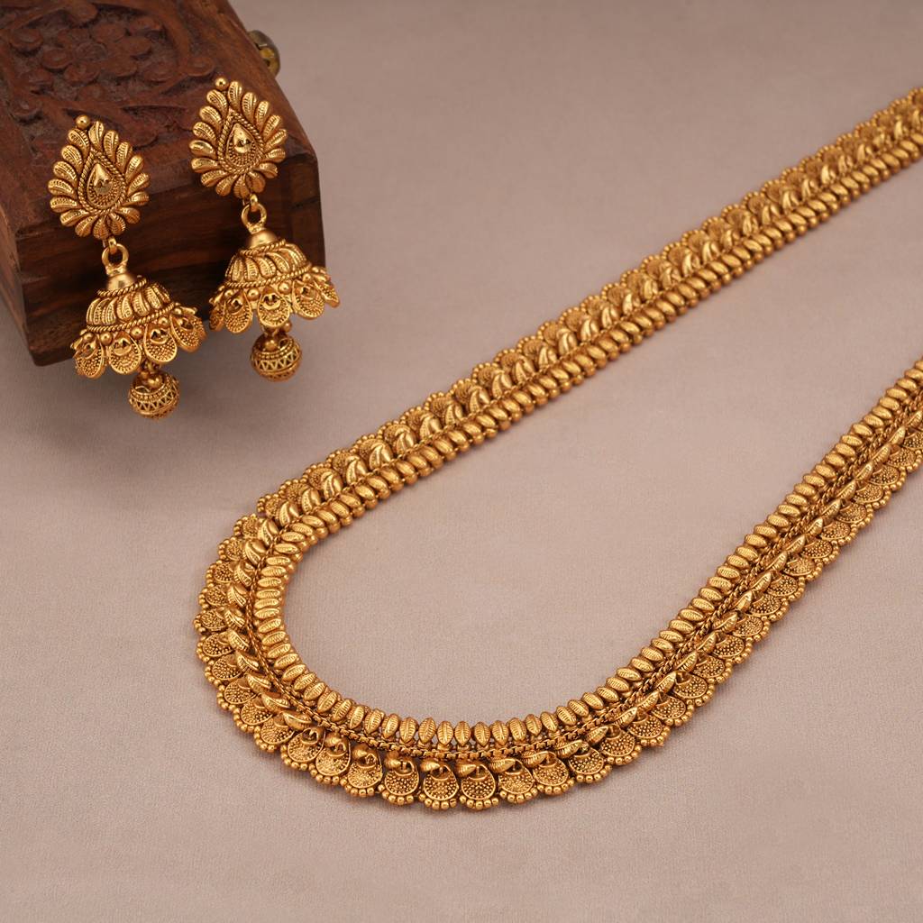 Long Stunning Plain Antique Gold Haram Necklace Set With Jhumka : SJ238