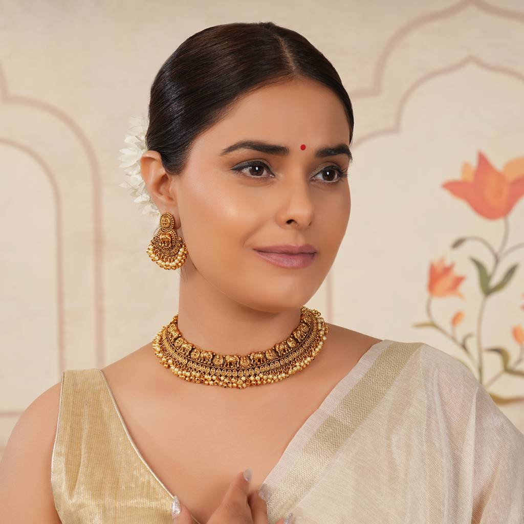 Stunning Pearl Drop Antique Gold Elephant Necklace Set : SJ239