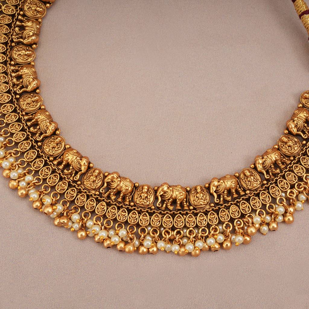 Stunning Pearl Drop Antique Gold Elephant Necklace Set : SJ239
