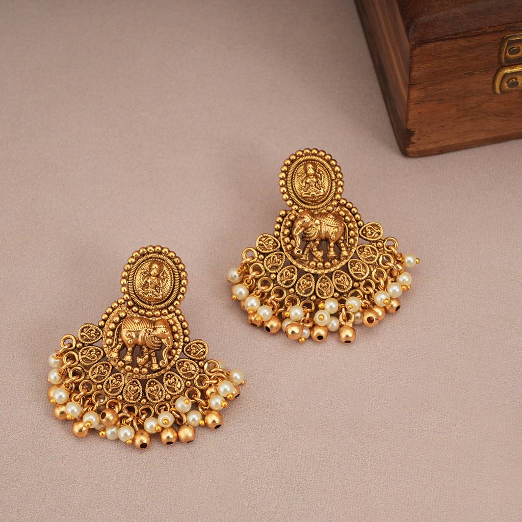 Stunning Pearl Drop Antique Gold Elephant Necklace Set : SJ239