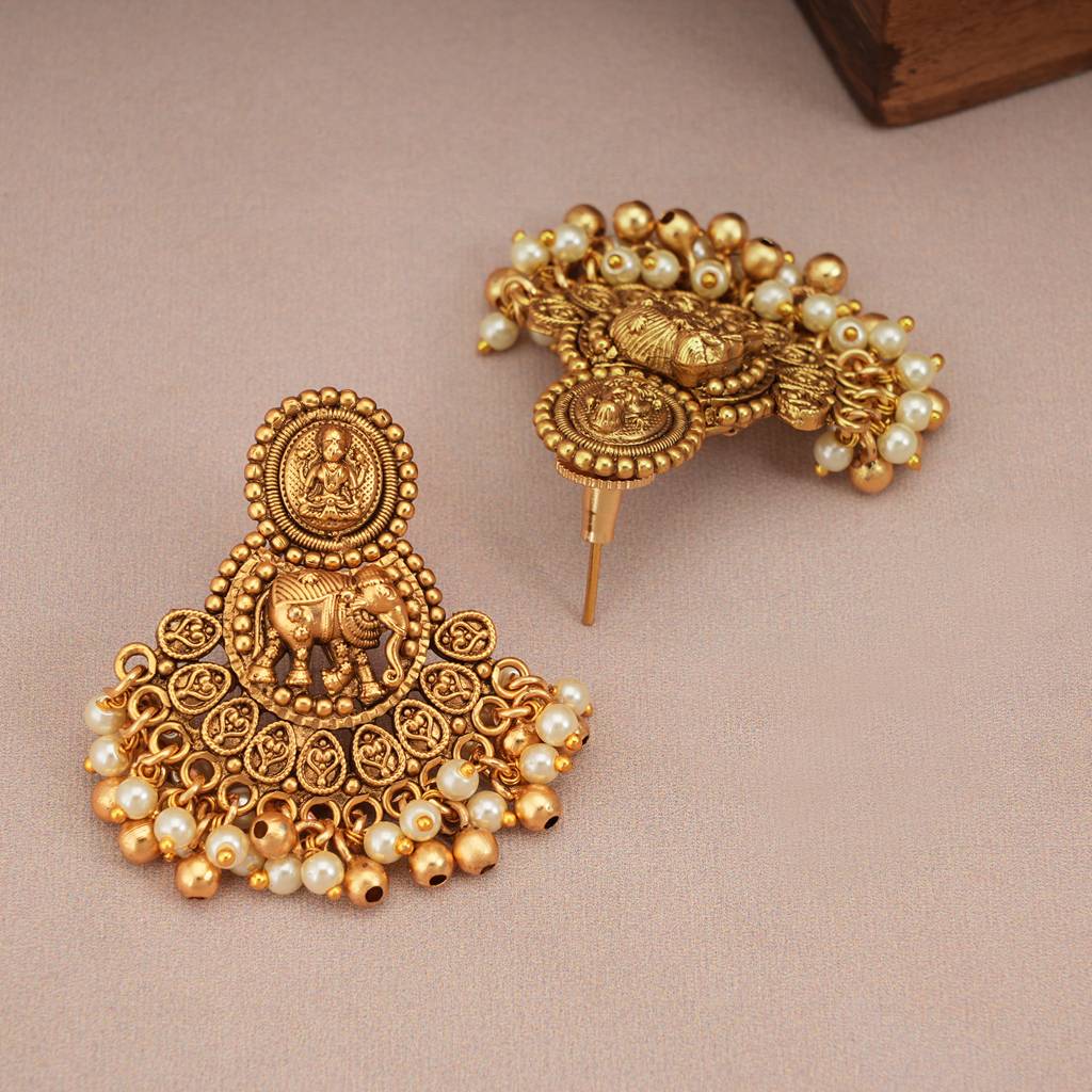 Stunning Pearl Drop Antique Gold Elephant Necklace Set : SJ239