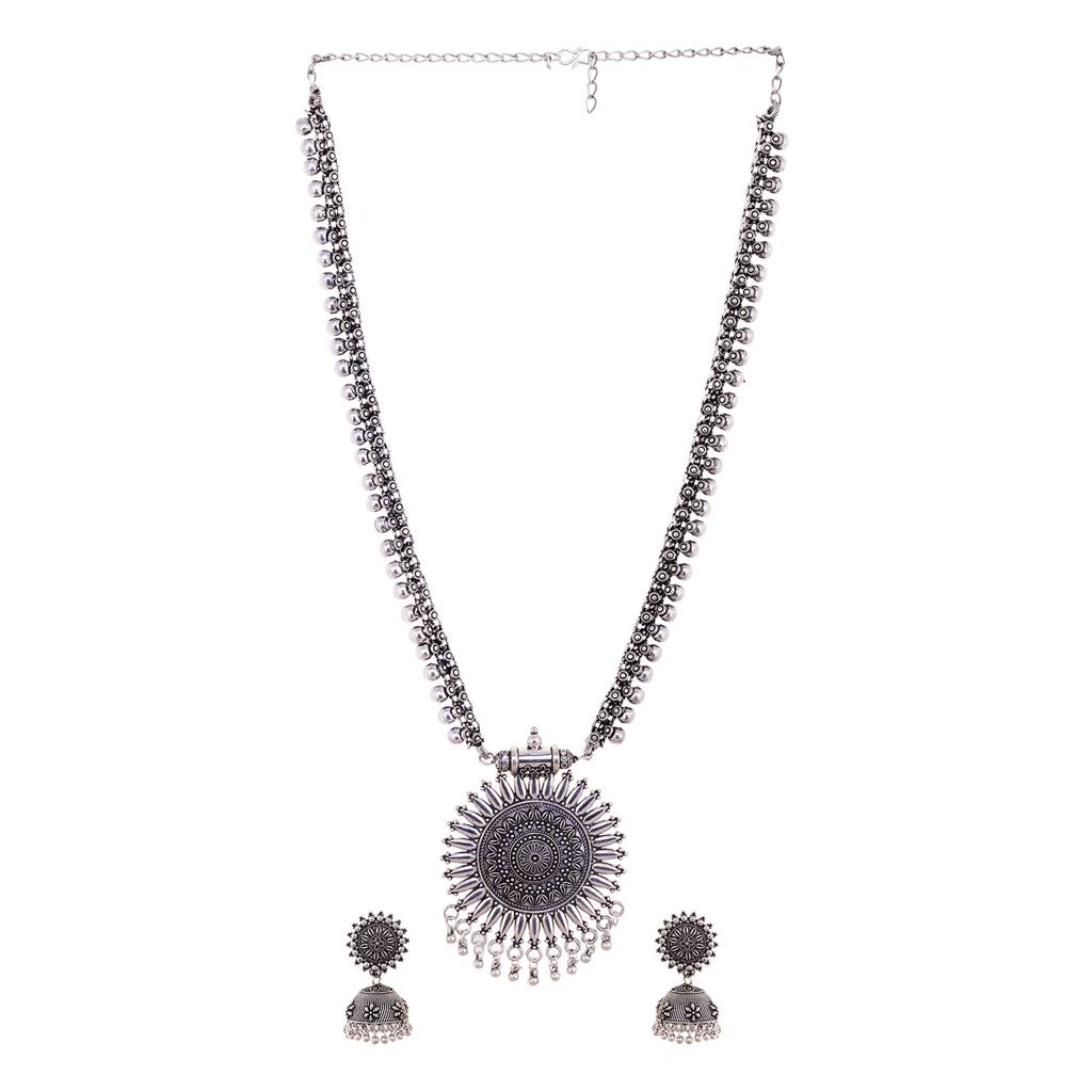 Oxidised Silver Plated Solar Design Necklace With Jhumki Jewellery Set : SJNK1540
