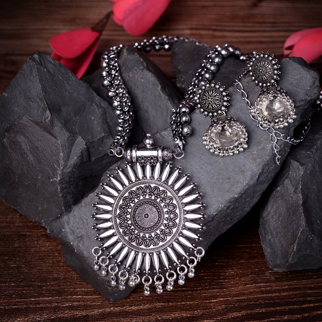 Oxidised Silver Plated Solar Design Necklace With Jhumki Jewellery Set : SJNK1540