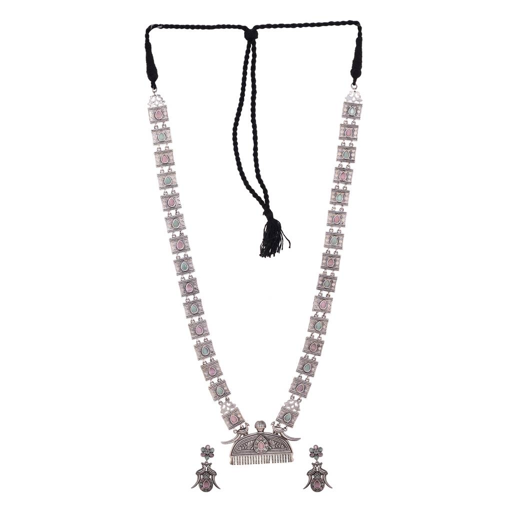 Oxidised Silver Toned Mint Pink Tribal Jewellery Set : SJNK1541