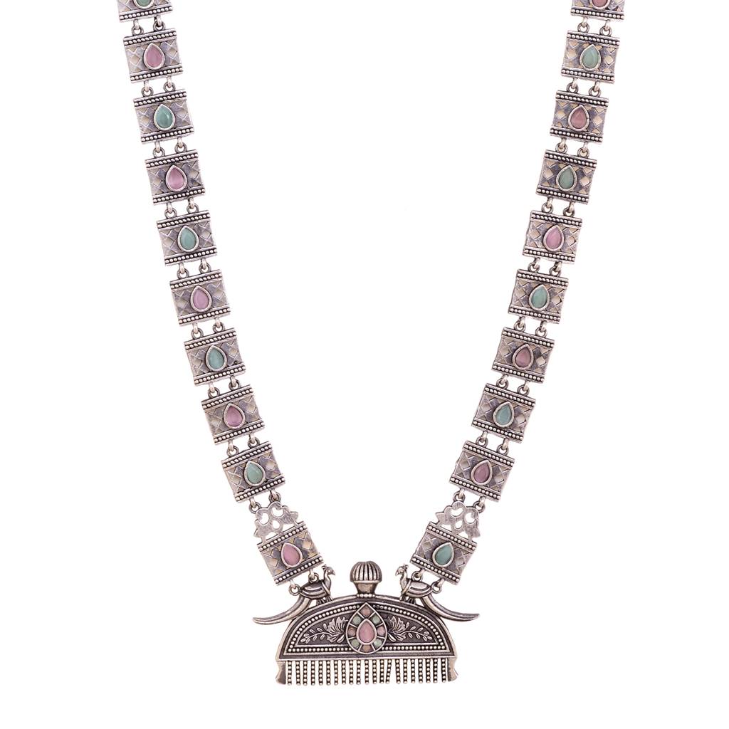 Oxidised Silver Toned Mint Pink Tribal Jewellery Set : SJNK1541