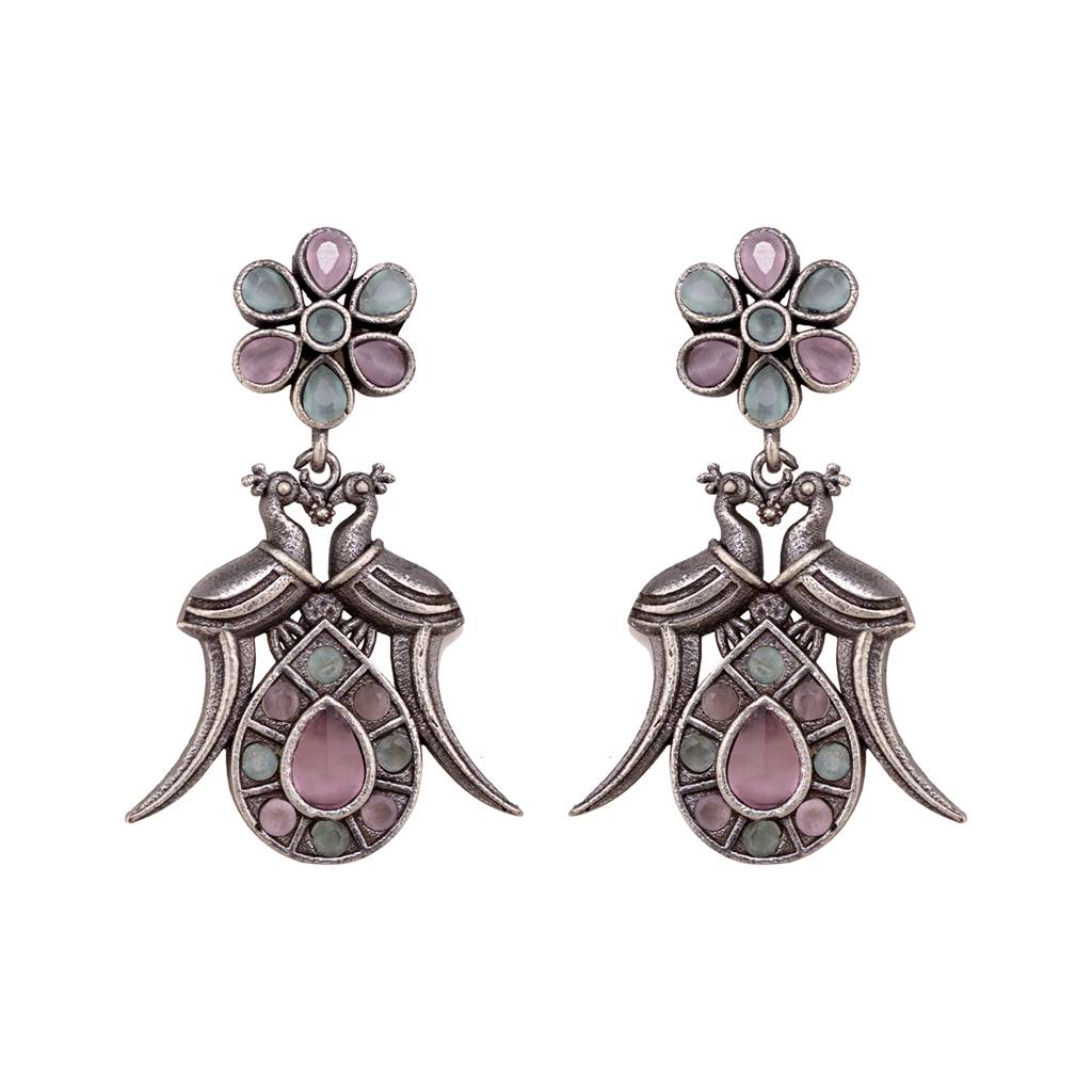 Oxidised Silver Toned Mint Pink Tribal Jewellery Set : SJNK1541