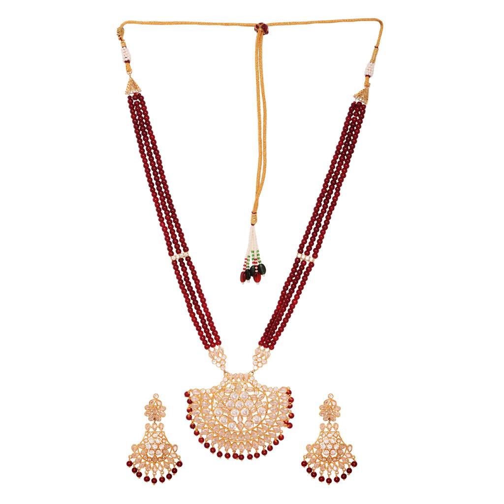 Gold Plated Polki Red Mala Beaded Rani Haar Jewellery Set : SJNK1542