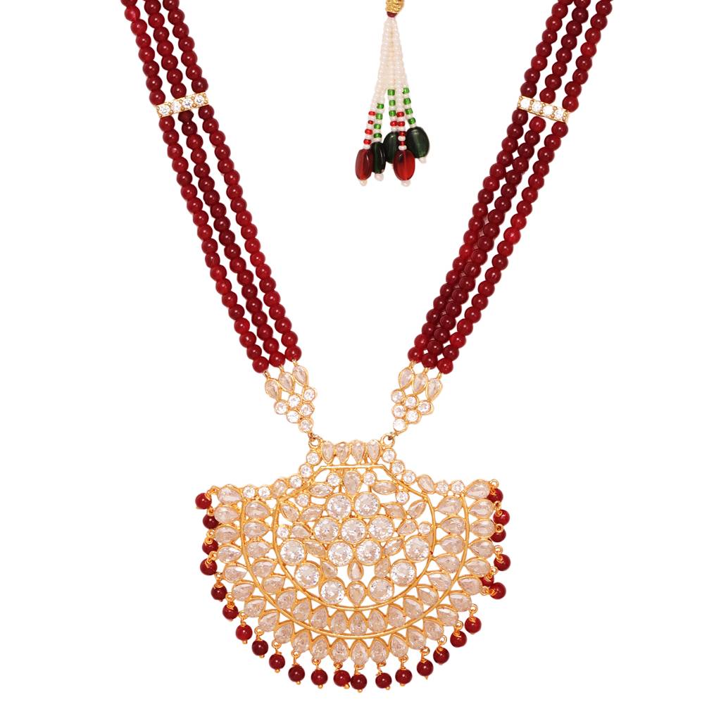 Gold Plated Polki Red Mala Beaded Rani Haar Jewellery Set : SJNK1542