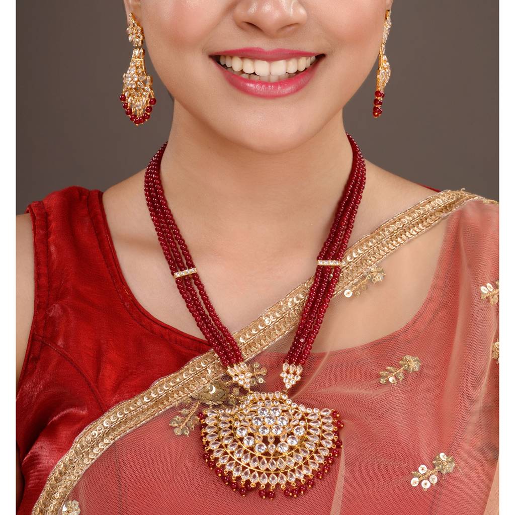 Gold Plated Polki Red Mala Beaded Rani Haar Jewellery Set : SJNK1542