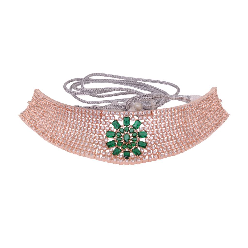 Rose Gold Toned Green Ad Studded Contemporary Choker Jewellery  Set With Tika : SJNK1543