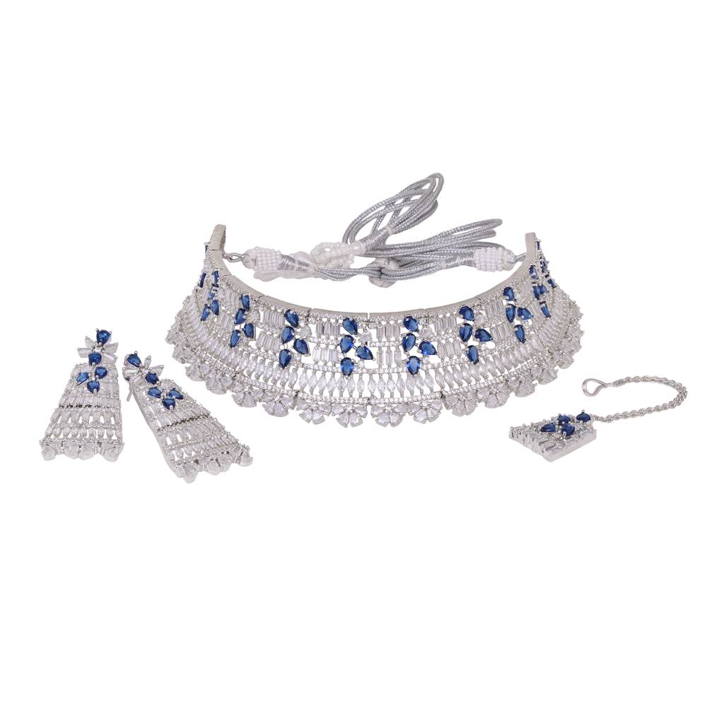 Silver Toned Blue Studded Designer Choker Jewellery Set With Mang Tika : SJNK1544