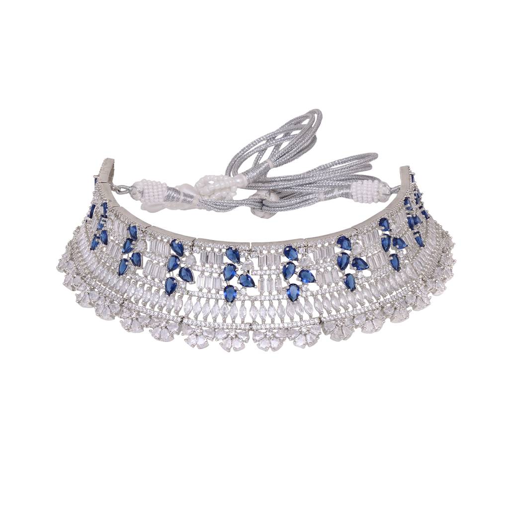 Silver Toned Blue Studded Designer Choker Jewellery Set With Mang Tika : SJNK1544