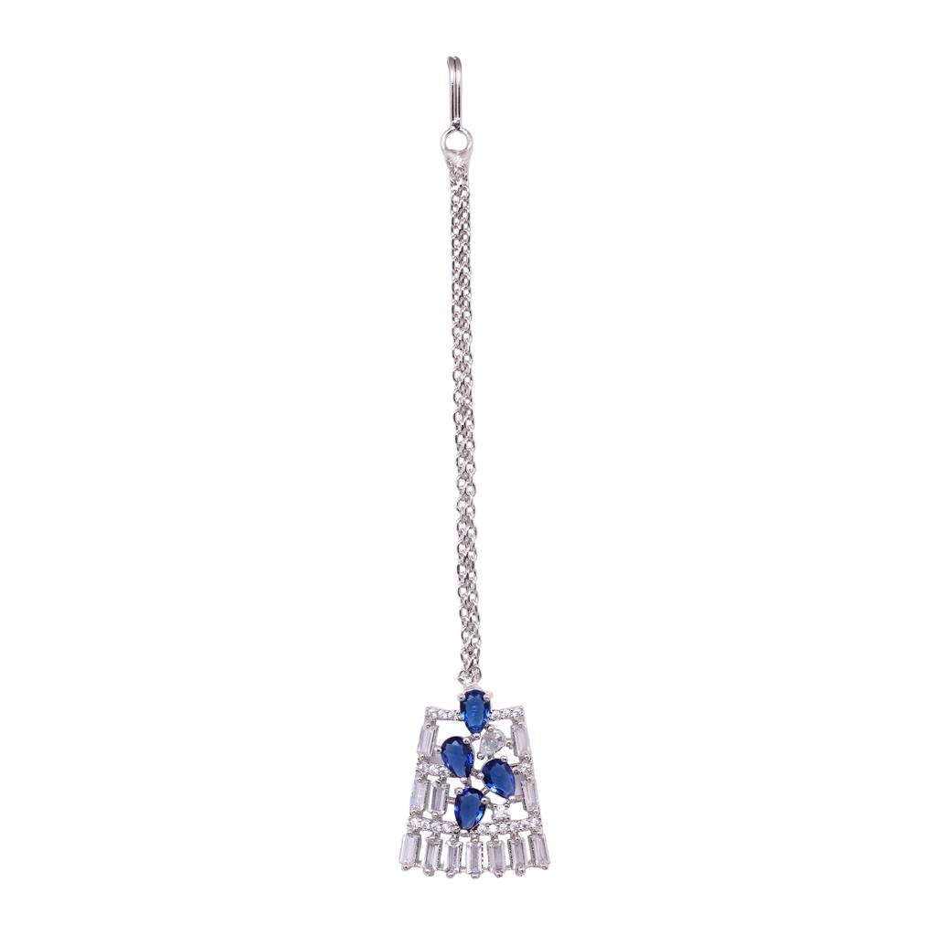 Silver Toned Blue Studded Designer Choker Jewellery Set With Mang Tika : SJNK1544