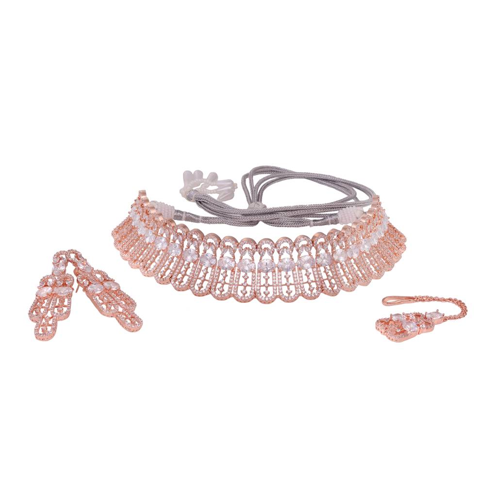 Rose Gold Plated White Ad Studded Designer Choker Jewellery Set With Mang Tika : SJNK1545