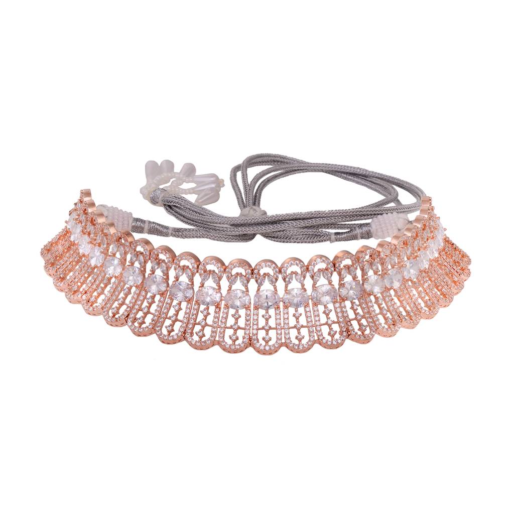 Rose Gold Plated White Ad Studded Designer Choker Jewellery Set With Mang Tika : SJNK1545