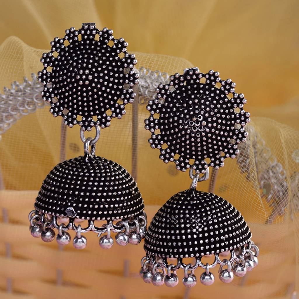 Silver Toned Oxidised Filigree Jhumka Earring : SJER1546