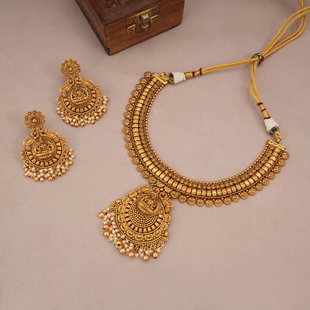 Amazing Antique Gold Pearl Drop Maa Lakshmi Necklace Set With Earring : SJ246