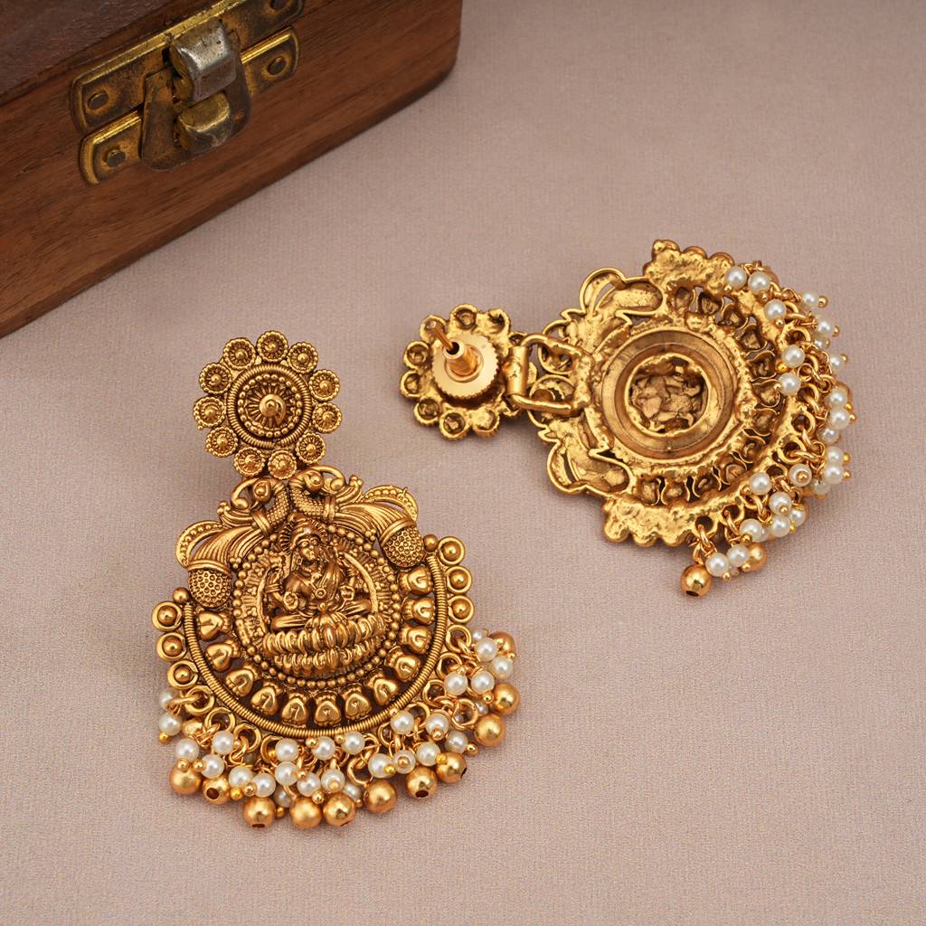 Amazing Antique Gold Pearl Drop Maa Lakshmi Necklace Set With Earring : SJ246
