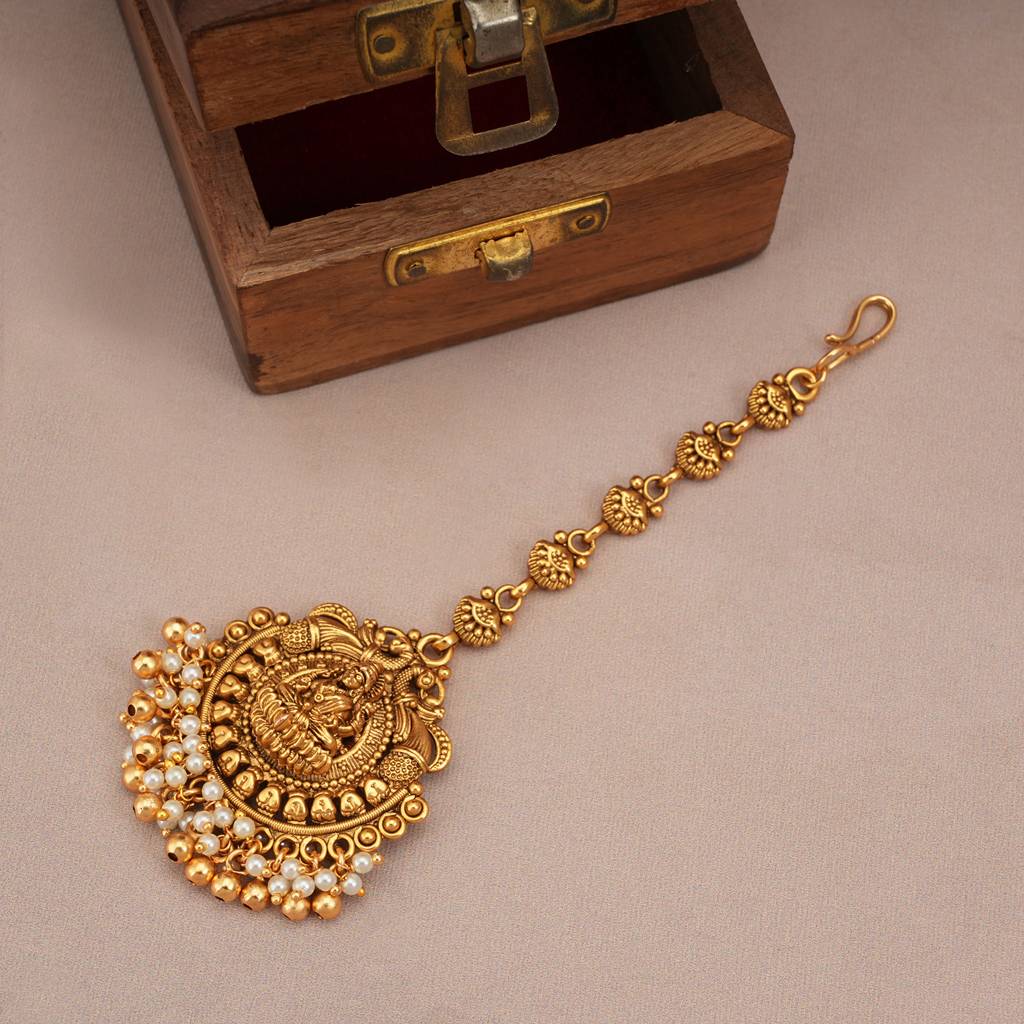 Amazing Antique Gold Pearl Drop Maa Lakshmi Necklace Set With Earring : SJ246