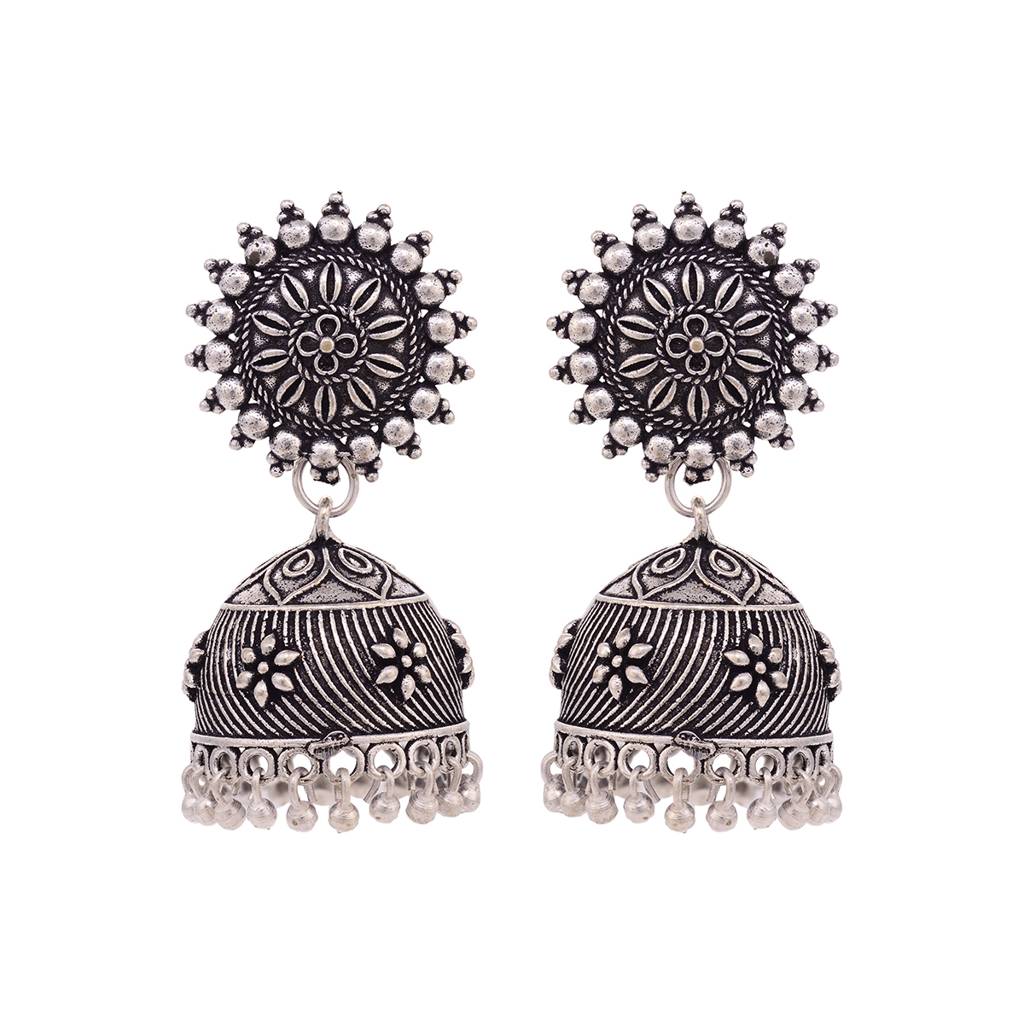 Silver Toned Oxidised Jhumka Earrings Pair : SJER1547