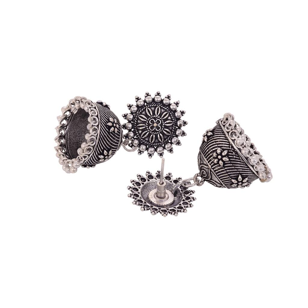 Silver Toned Oxidised Jhumka Earrings Pair : SJER1547