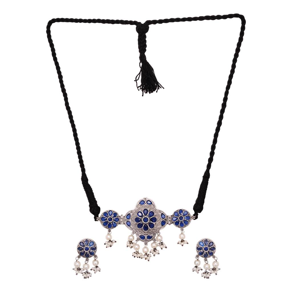 Silver Oxidised Blue Stone Studded Tribal  Choker Jewellery Set : SJNK1549