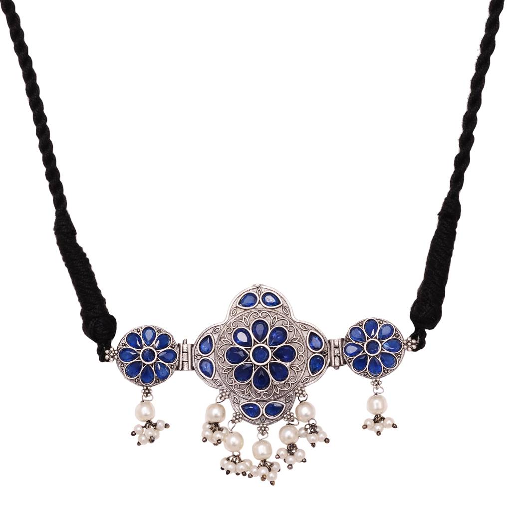 Silver Oxidised Blue Stone Studded Tribal  Choker Jewellery Set : SJNK1549
