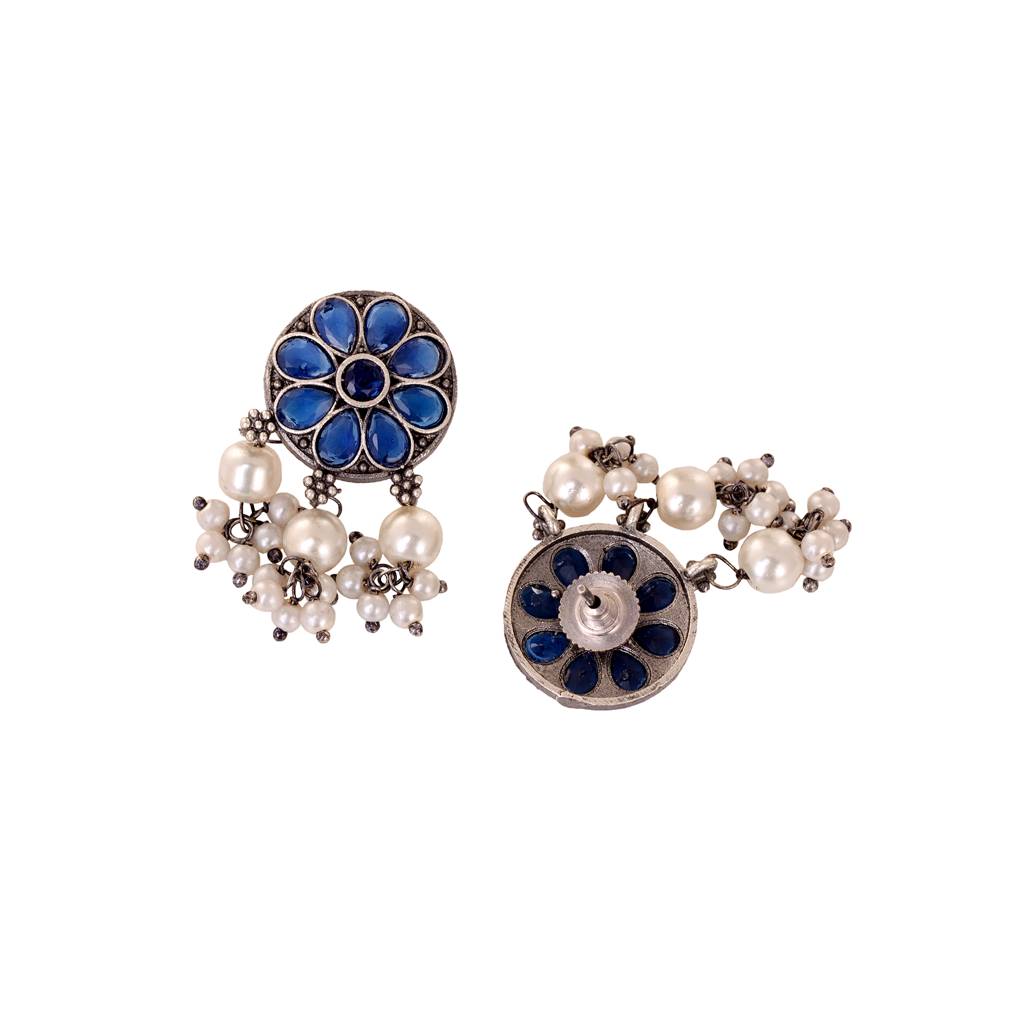 Silver Oxidised Blue Stone Studded Tribal  Choker Jewellery Set : SJNK1549