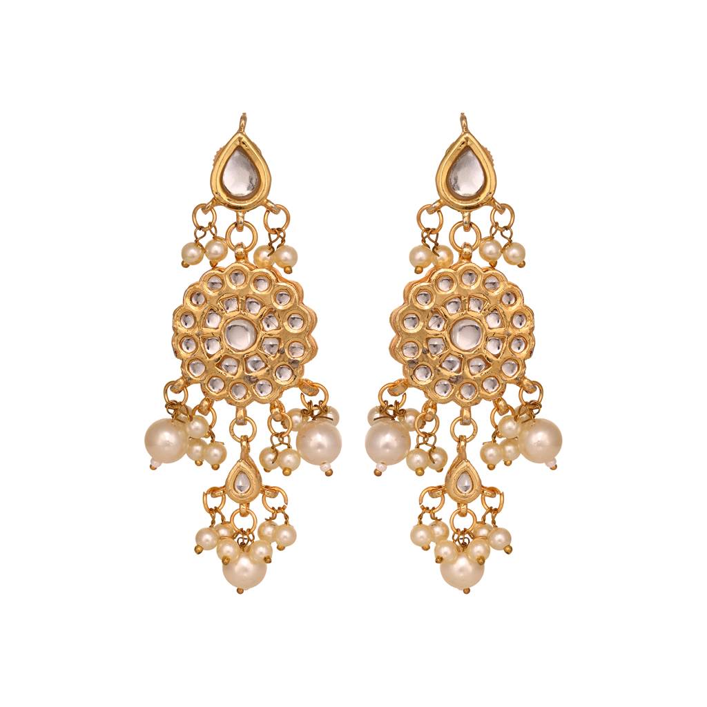Gold Plated Kundan Studded & Pearl Beaded Floral Earrings : SJER1553