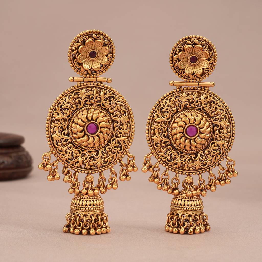 Long Antique Gold Ruby Stone Jhumka Earring For Women : SJ253