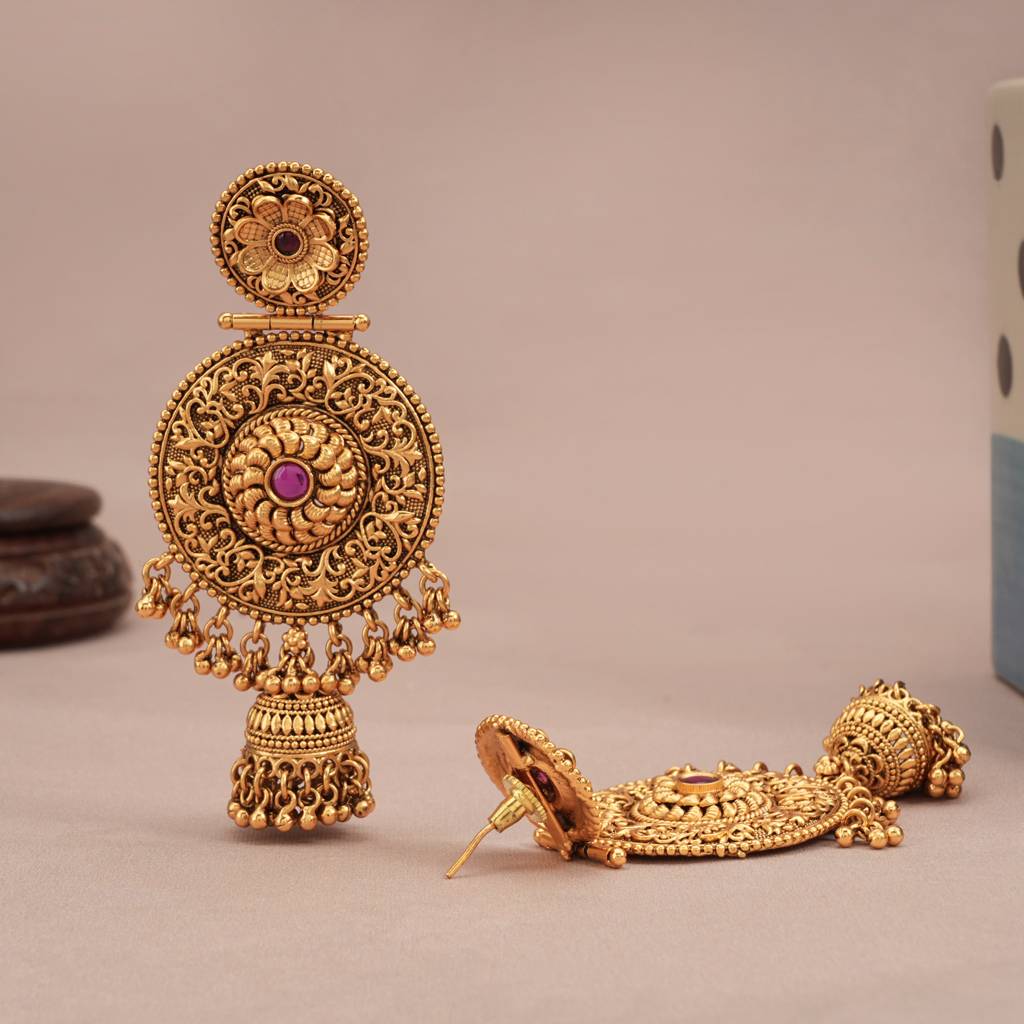 Long Antique Gold Ruby Stone Jhumka Earring For Women : SJ253