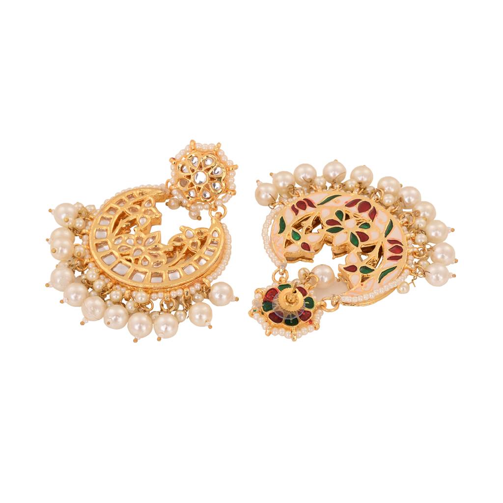 Gold Plated Kundan Studded & Pearl Beaded Traditional Chandbalis : SJER1555