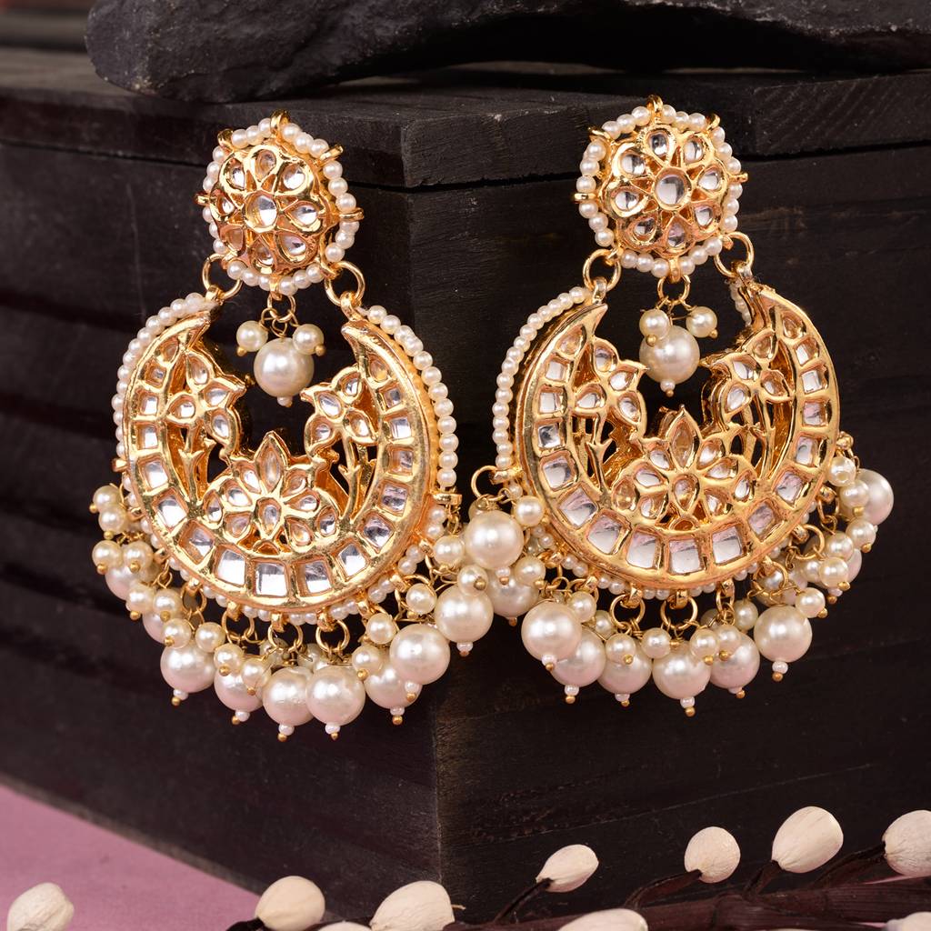 Gold Plated Kundan Studded & Pearl Beaded Traditional Chandbalis : SJER1555
