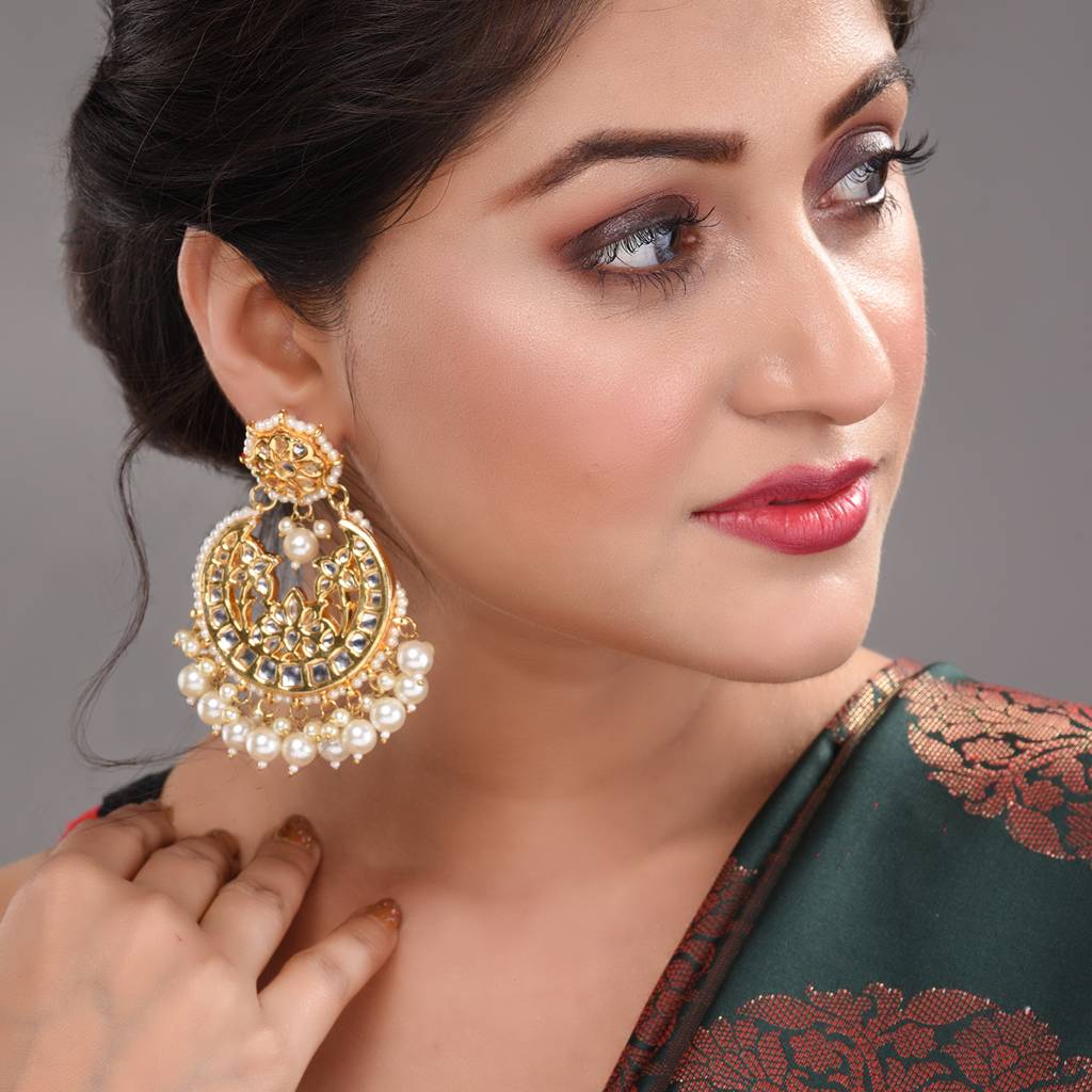 Gold Plated Kundan Studded & Pearl Beaded Traditional Chandbalis : SJER1555