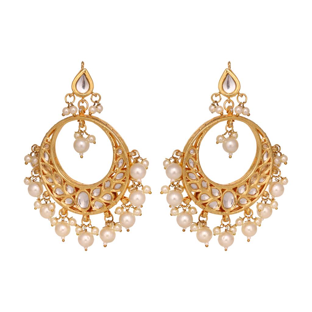 Gold Toned Kundan Studded & Pearl Beaded Designer Circular Earrings : SJER1556