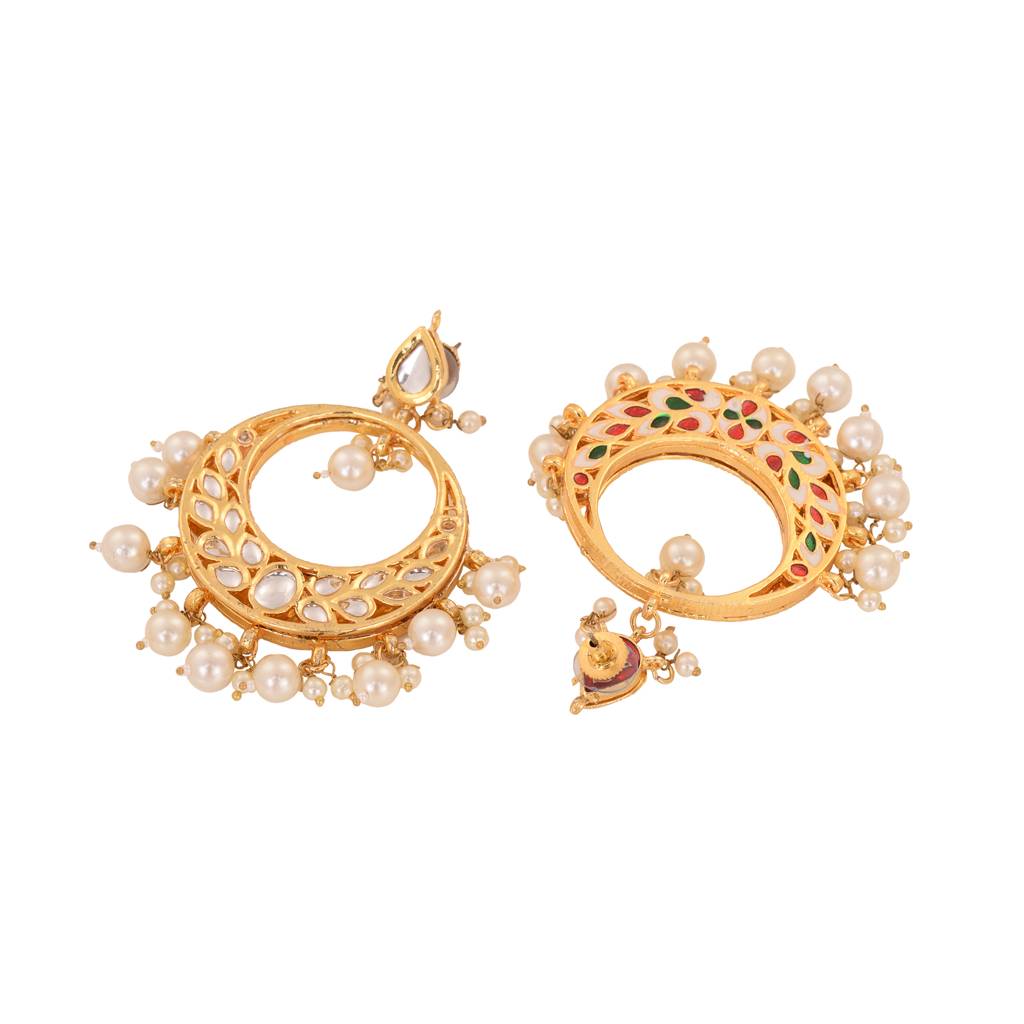 Gold Toned Kundan Studded & Pearl Beaded Designer Circular Earrings : SJER1556