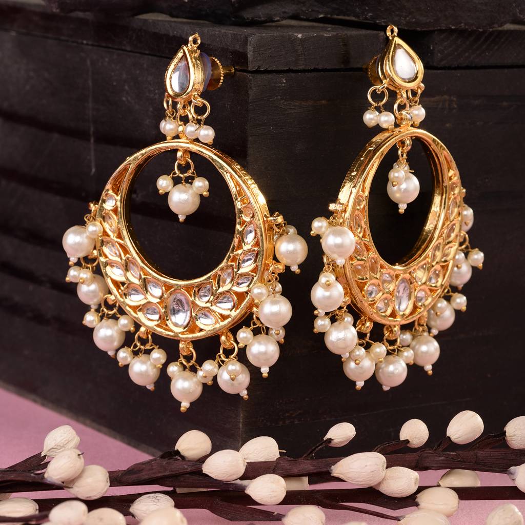 Gold Toned Kundan Studded & Pearl Beaded Designer Circular Earrings : SJER1556