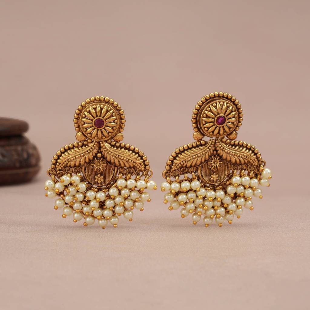 Stunning Pearl Drop Antique Gold Earring : SJ256