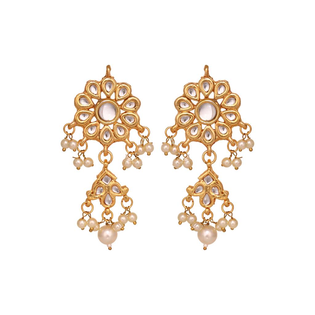 Gold Plated Kundan Studded & Pearl Beadedfloral Drop Earrings : SJER1557