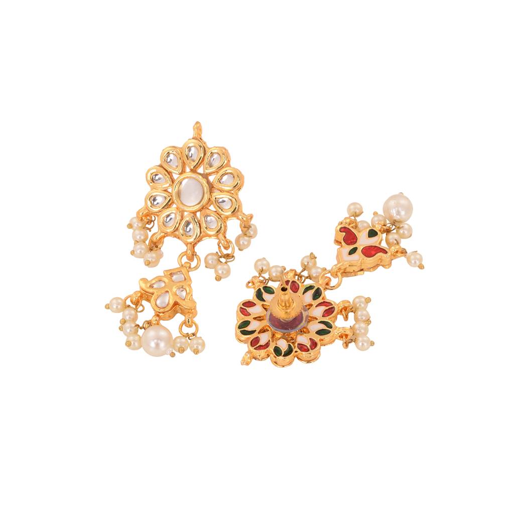 Gold Plated Kundan Studded & Pearl Beadedfloral Drop Earrings : SJER1557