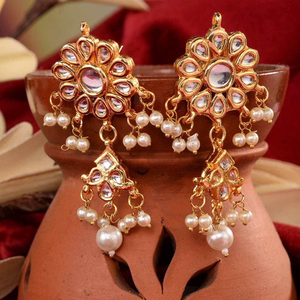 Gold Plated Kundan Studded & Pearl Beadedfloral Drop Earrings : SJER1557