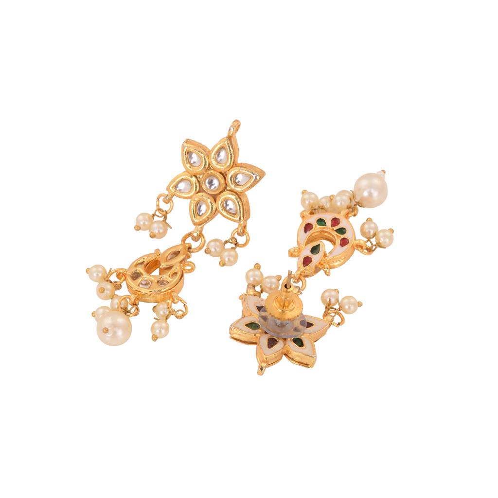 Gold Plated Kundan Studded Floral Chand Earrings : SJER1558